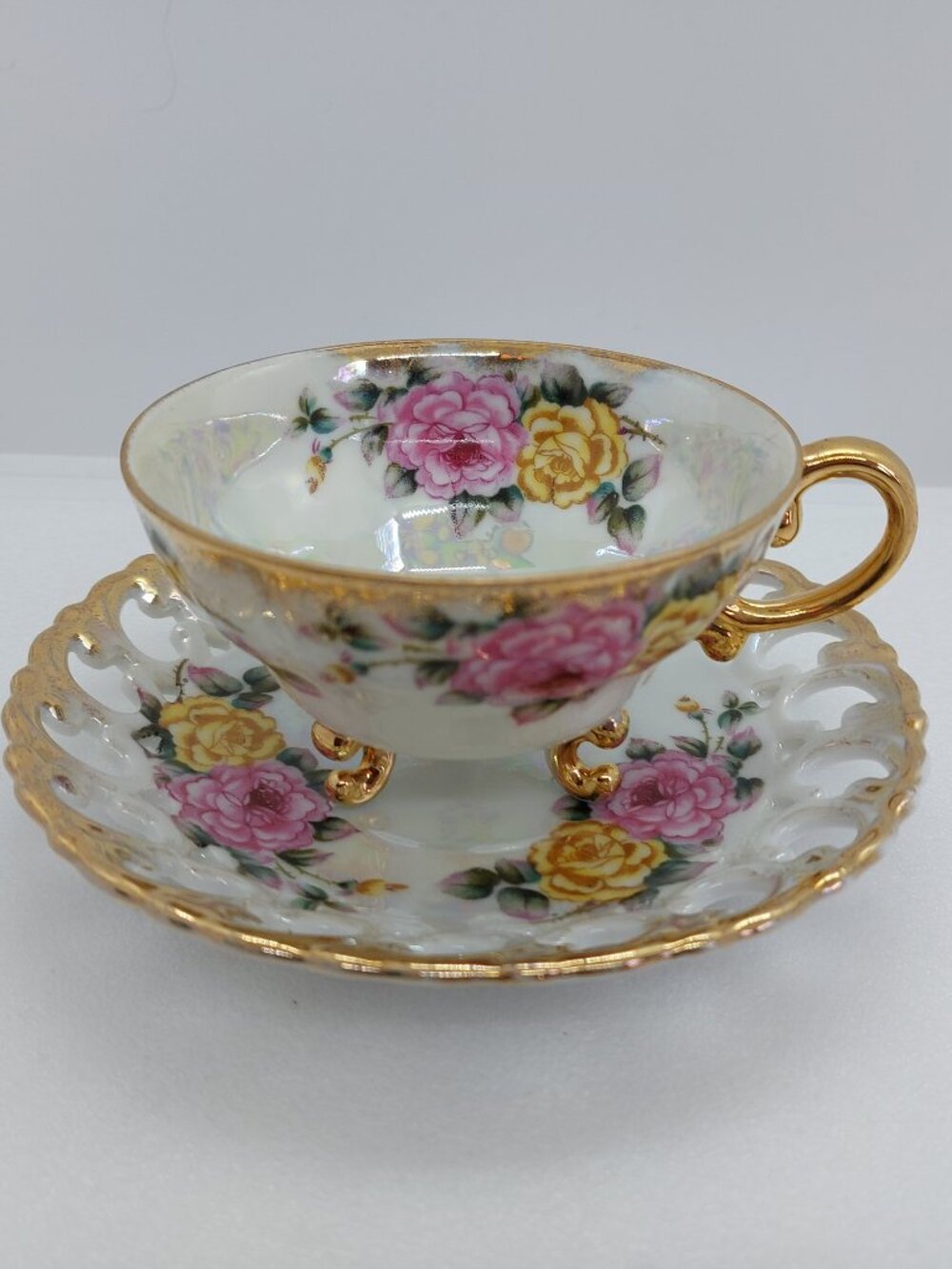 Vintage Shafford Footed Tea Cup And Saucer Lusterware Pink & Yellow Roses Japan